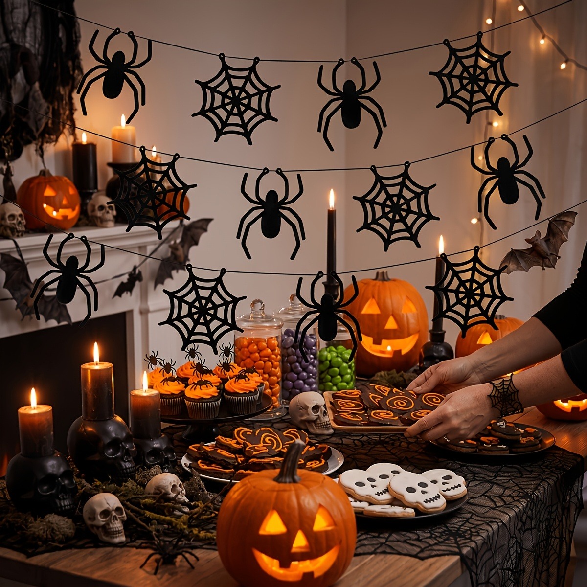 Outdoor Lighting Halloween - 2 set hiasan garland jaring laba-laba