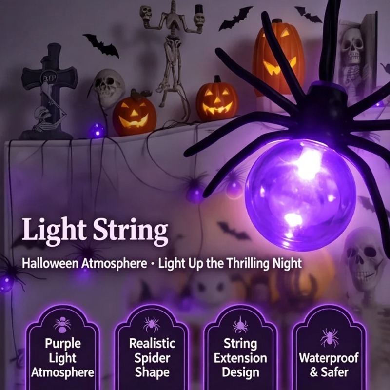 Outdoor Lighting Halloween - Lampu LED Bentuk Laba-laba Bertenaga Baterai,